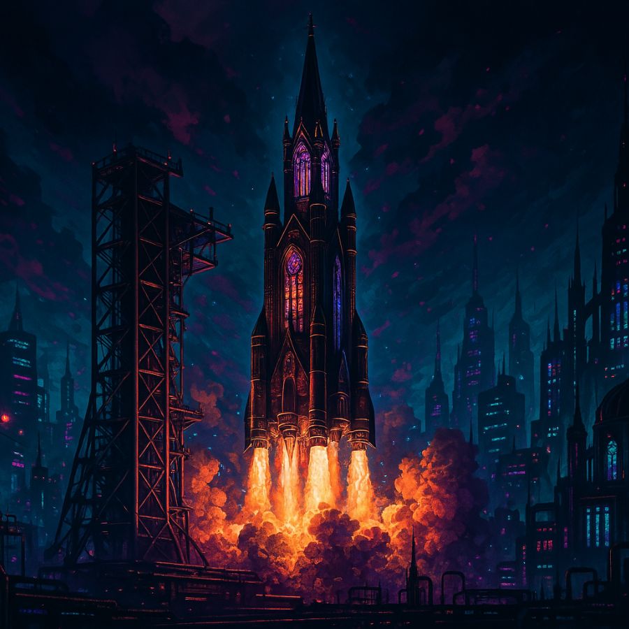rocket church fantasy lifting off from launch pad