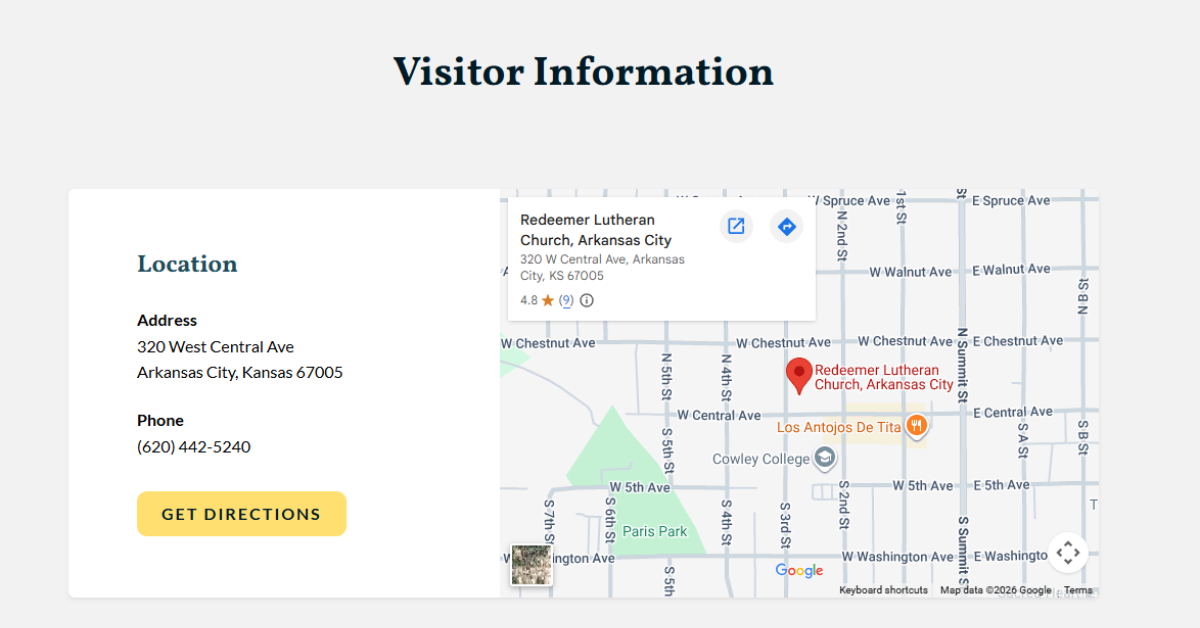 embedded Google Business Profile map on the website of Redeemer Lutheran Church in Arkansas City, Kansas