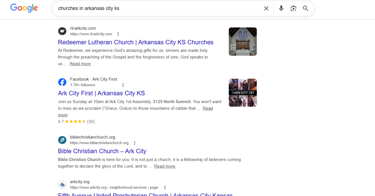 Google results for the query "churches in arkansas city kansas"