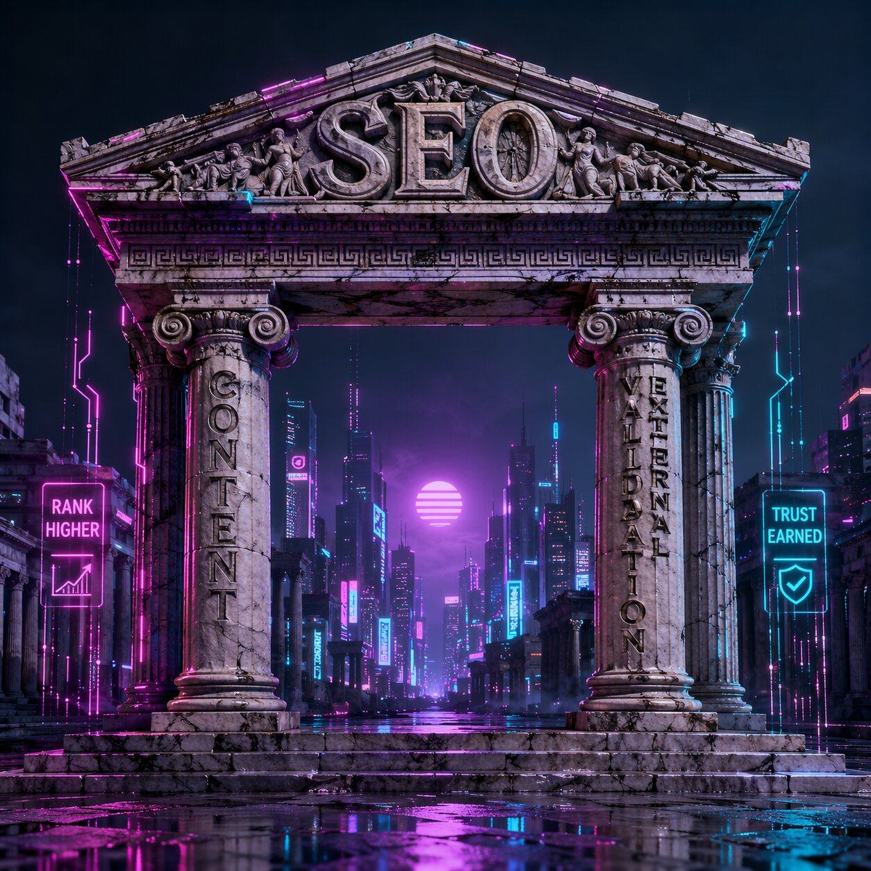 temple depicting seo being held up by content and external validation