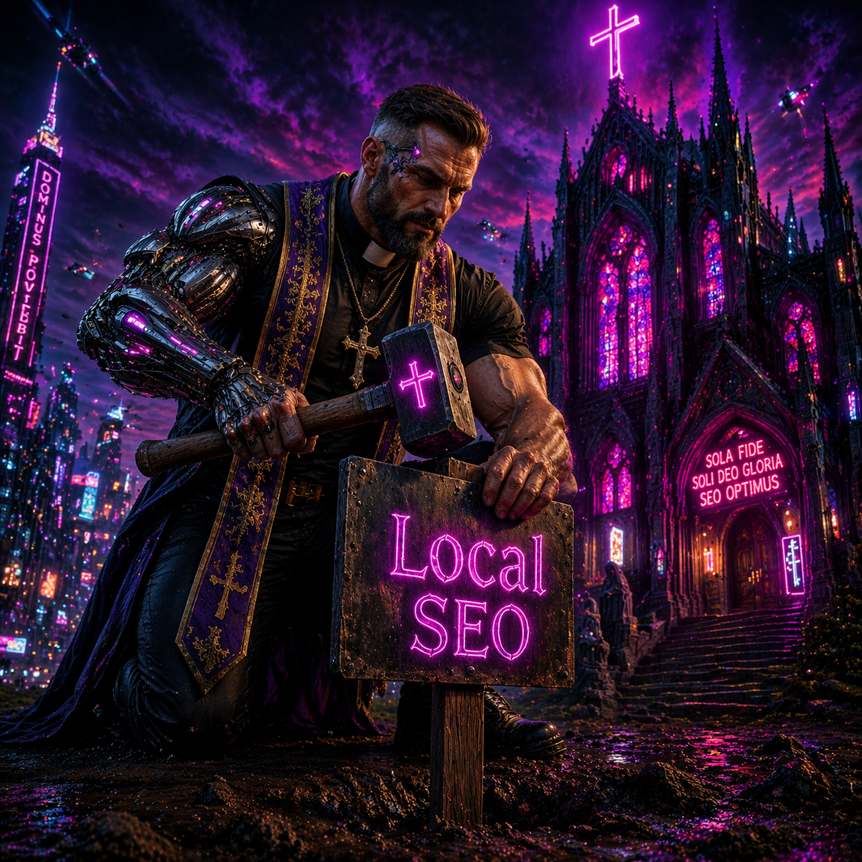Depiction of the importance of local seo for churches: chad cyborg pastor hammering a sign in the ground in front of a church that says 'local seo'