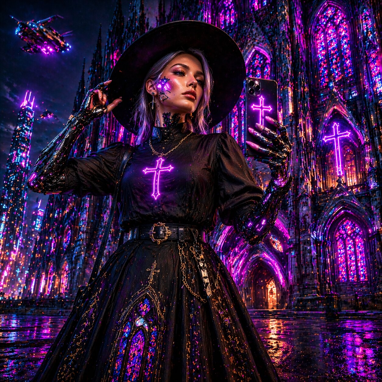 Cyberpunk ecclesiastical influencer depicting social media seo for churches