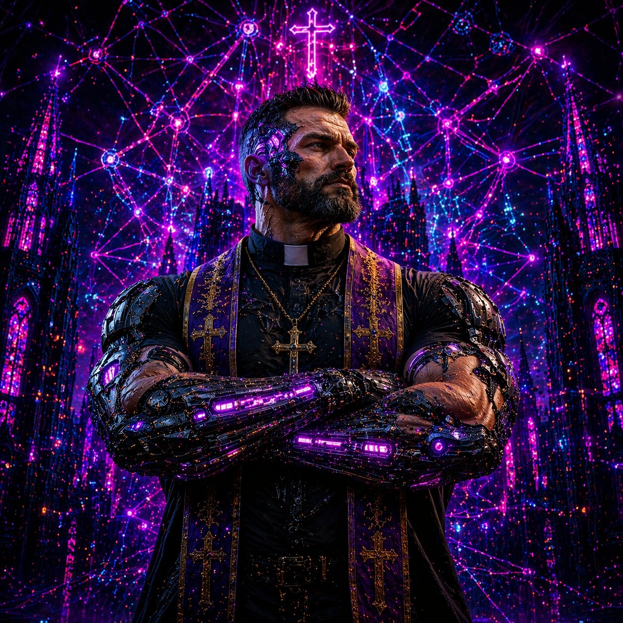 website seo for churches depiction of pastor cyborg standing in front of a digital web