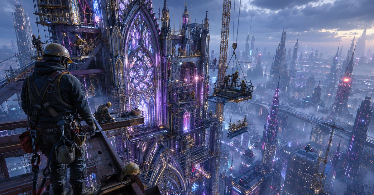 conceptual ai art of construction workers building a futuristic cyberpunk gothic cathedral