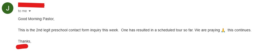 screenshot of email from church indicating contact form submissions for the preschool