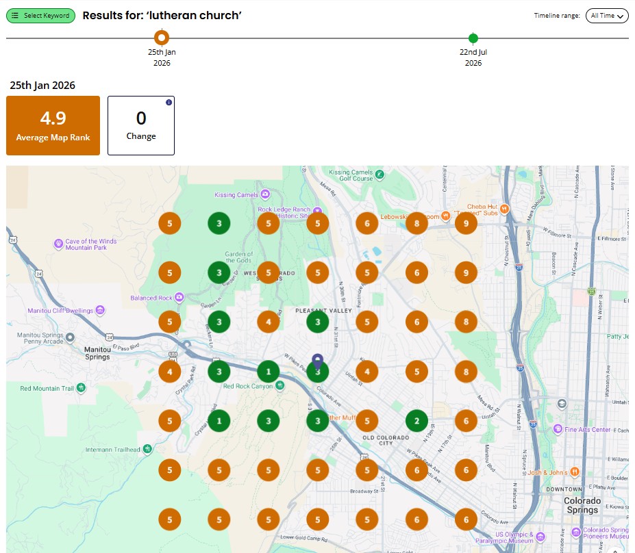 grid report for Rock of Ages Lutheran Church demonstrating pooer performance for query 'lutheran church'