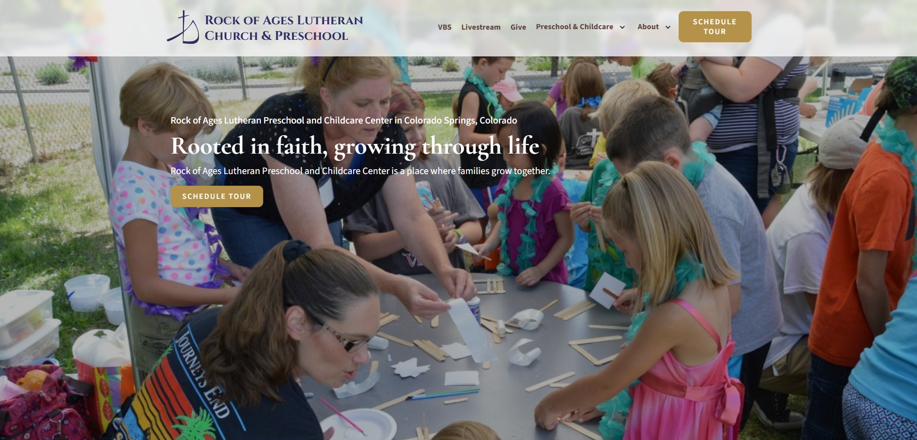 Hero from the "Schedule Tour" page on the website for Rock of Ages Lutheran Church.