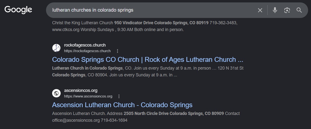 page 1 results for the query "Lutheran Churches Colorado Springs"
