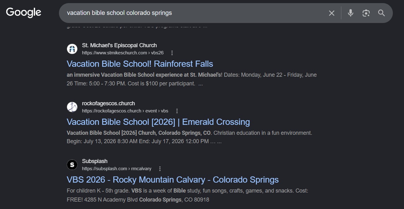 Page 1 results for 'vacation Bible school Colorado Springs'